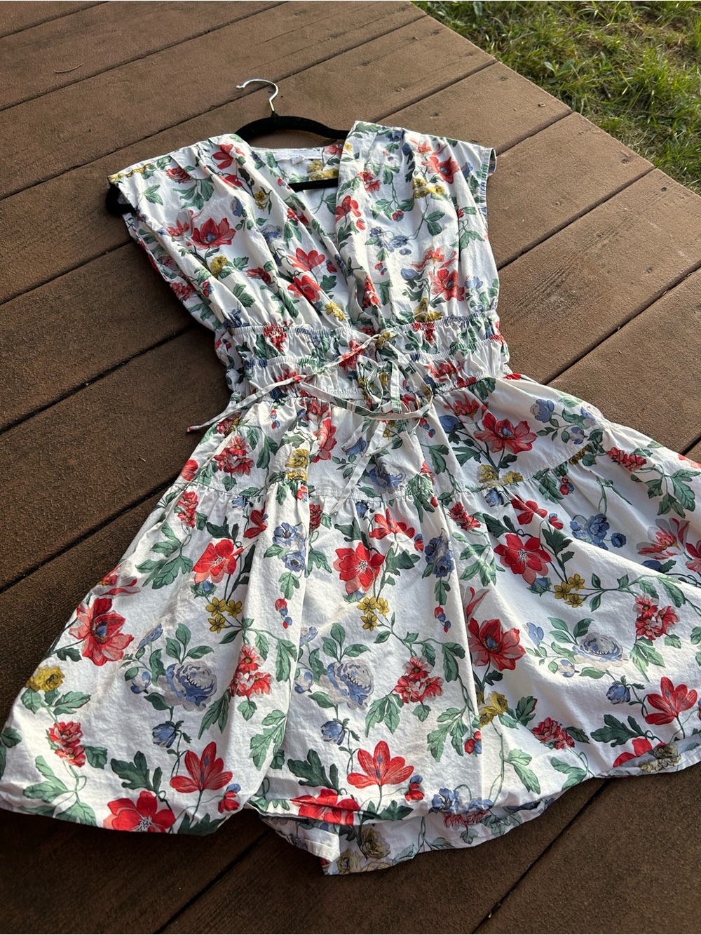 Lucky Brand White Floral Print Summer Dress with Red & Green Blooms